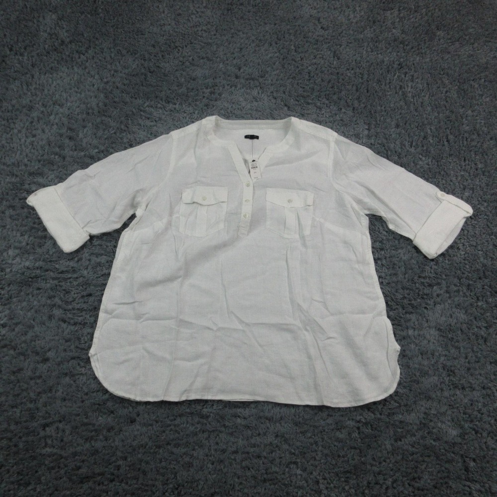 Talbots Blouse Womens 2X Plus White Linen Henley Tunic 3/4 Roll Tab Sleeve NWT